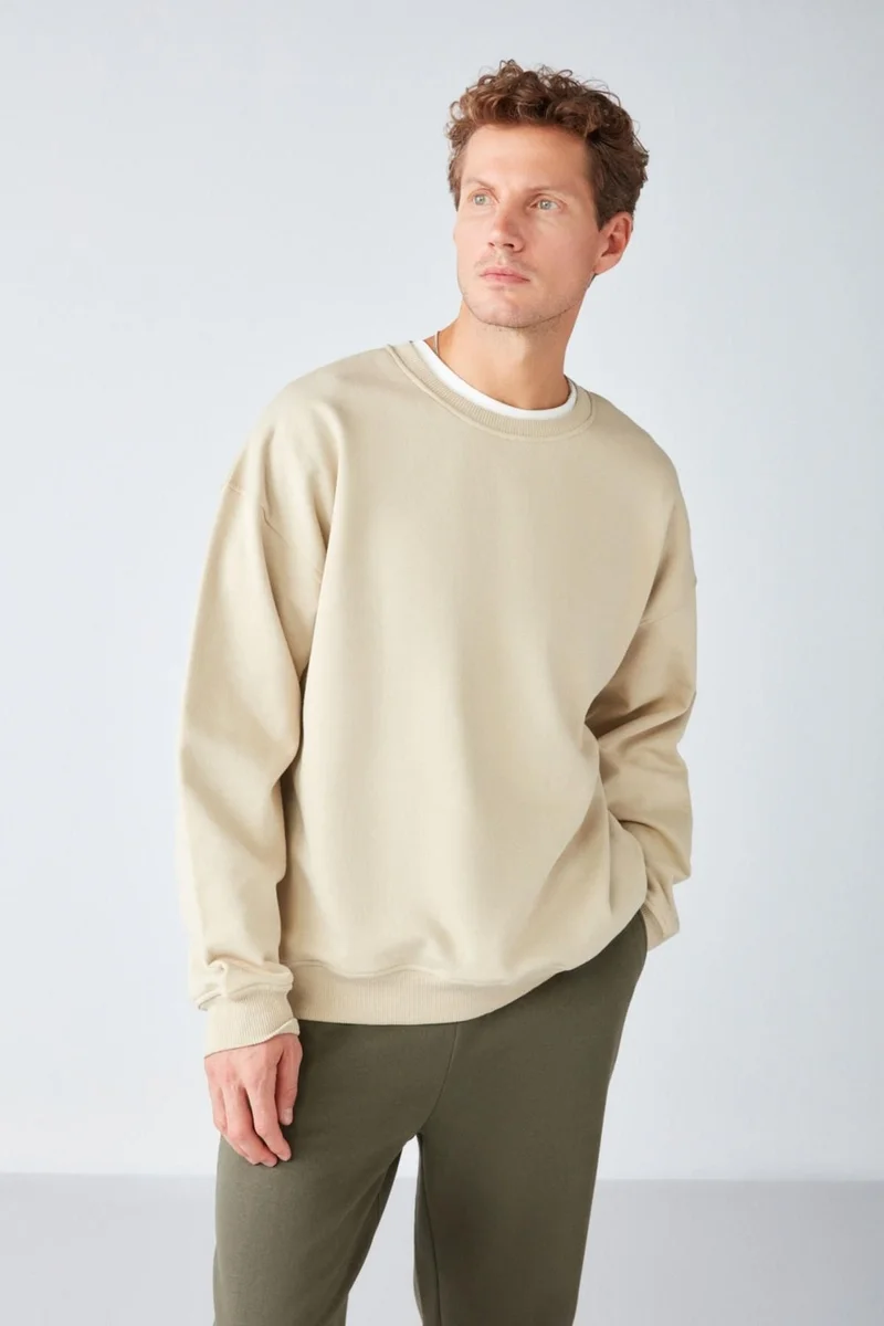 جريميلانج Stephan Men's Soft Fabric Oversize Fit Round Neck Beige Sweatshirt