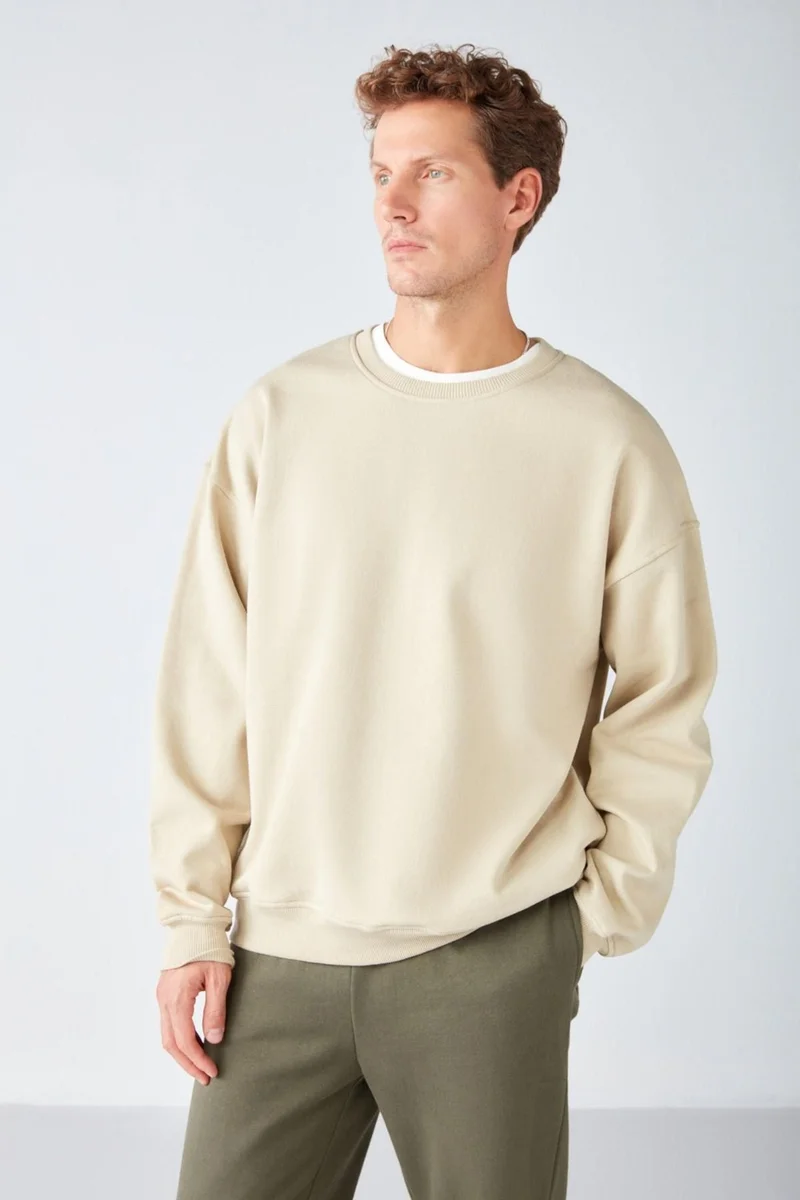 جريميلانج Stephan Men's Soft Fabric Oversize Fit Round Neck Beige Sweatshirt