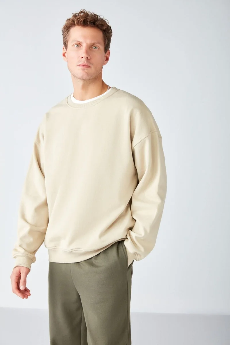 جريميلانج Stephan Men's Soft Fabric Oversize Fit Round Neck Beige Sweatshirt