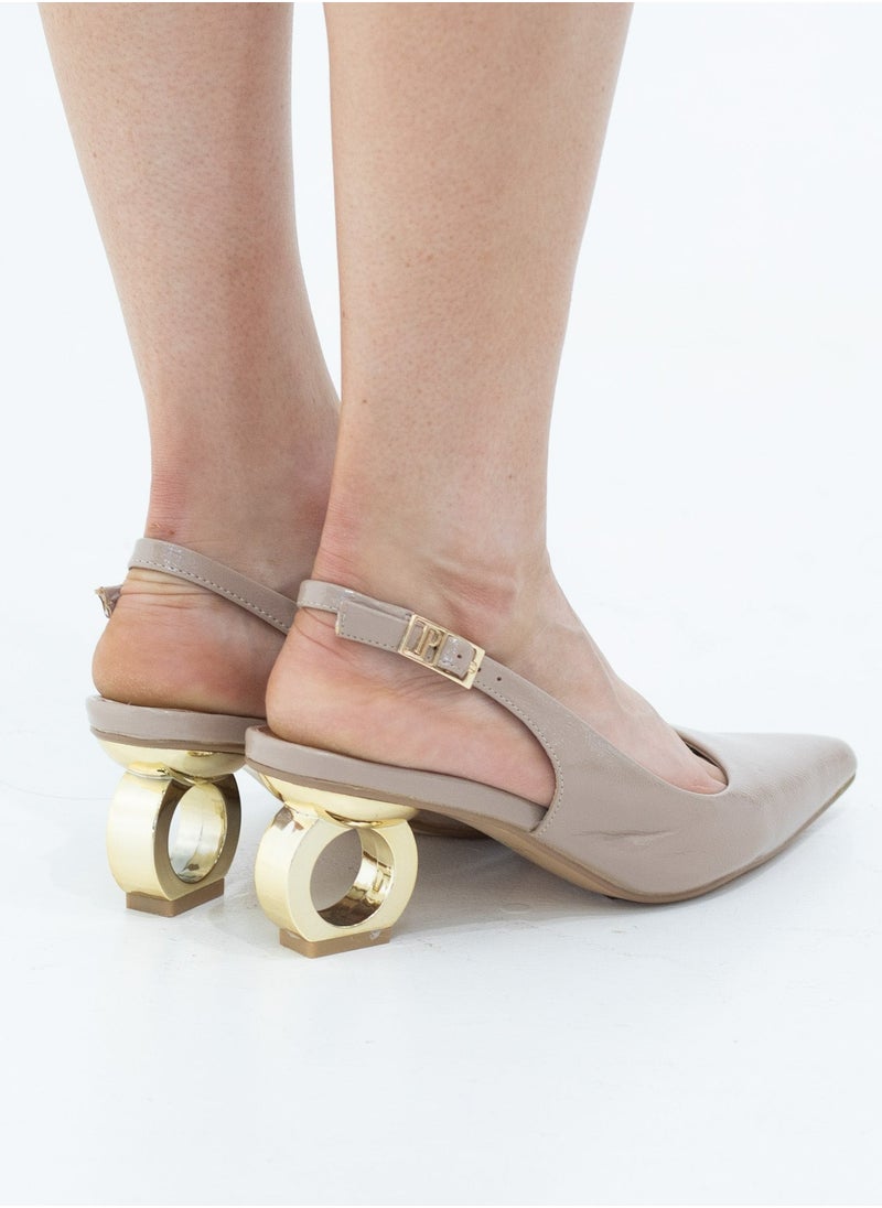 LAMARAPARIS - Izel 6cm circ heel pointy pat sling back pumps taupe - Image 1