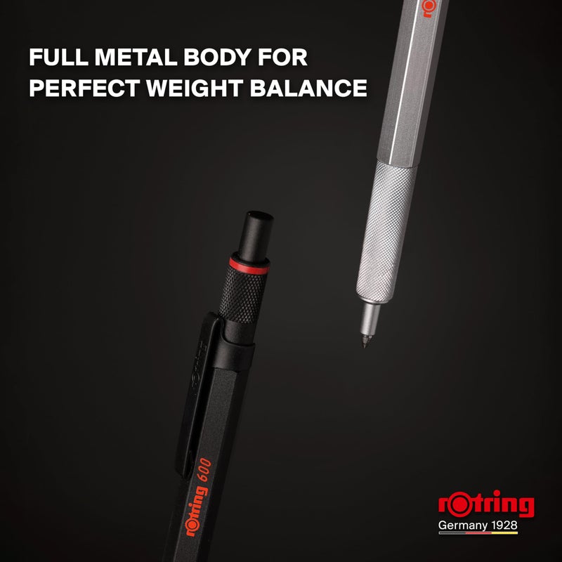 Rotring قلم جيل روتراينج 600 | 0.55 مم | حبر أسود | جسم معدني فضي | مقبض مزخرف غير قابل للانزلاق وبرميل سداسي | قابل لإعادة التعبئة - Image 3