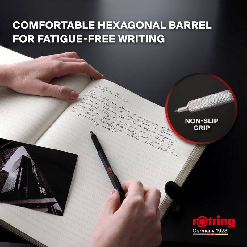 Rotring قلم جيل روتراينج 600 | 0.55 مم | حبر أسود | جسم معدني فضي | مقبض مزخرف غير قابل للانزلاق وبرميل سداسي | قابل لإعادة التعبئة - Image 4