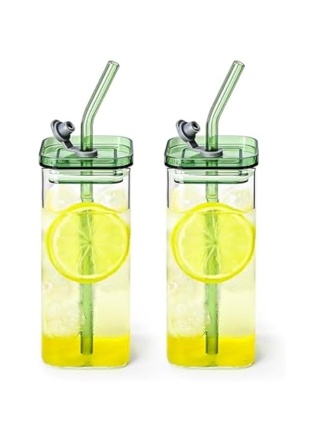 2-Piece Glass Cups with Lids and Straws, Iced Coffee Cup, Glass Tumbler, 12 oz/350 ml Green Square Drinking Glasses for Coffee Bar (Green) - Image 1