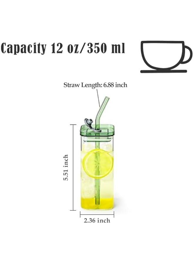 2-Piece Glass Cups with Lids and Straws, Iced Coffee Cup, Glass Tumbler, 12 oz/350 ml Green Square Drinking Glasses for Coffee Bar (Green) - Image 2