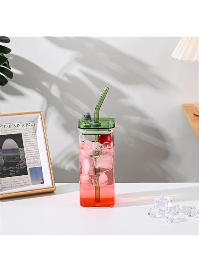2-Piece Glass Cups with Lids and Straws, Iced Coffee Cup, Glass Tumbler, 12 oz/350 ml Green Square Drinking Glasses for Coffee Bar (Green) - Image 3
