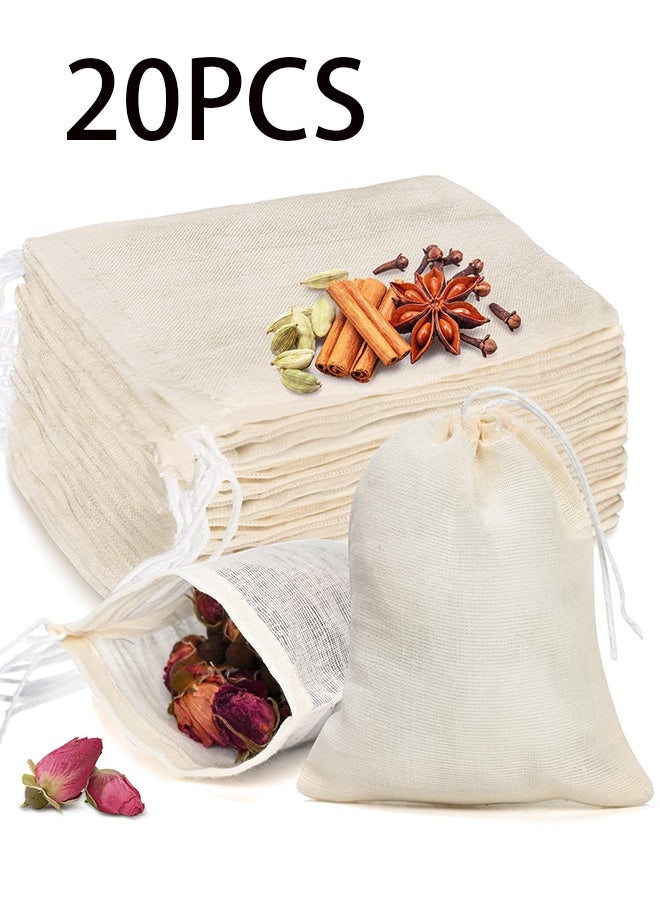 20 Pcs Muslin Bags with Drawstring, Reusable Tea Bags, Spice Bags for Cooking Soup/Herb/Loose Leaf Tea, Natural Cotton Small Cheese Cloth Bag for Straining, Sachet Bags Empty, 4 X 3 Inches - Image 1