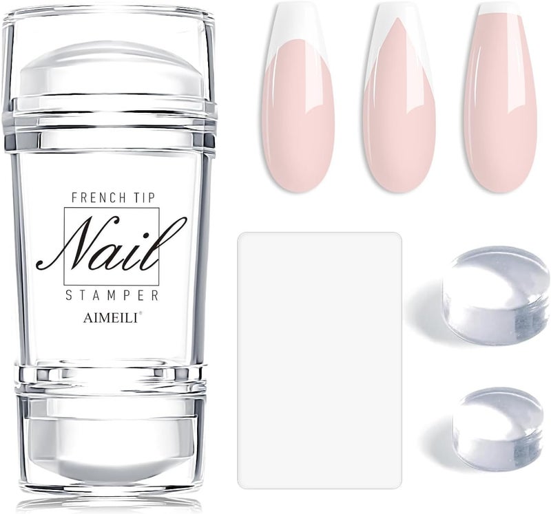 AIMEILI French Tip Nail Stamp 4PCS Nail Art Stamper Kit Clear Nail Stamper Silicone Nail Stamping Doubleheaded Jelly Stamper for Nails with Scrapers for French Manicure Home DIY Nail Salon