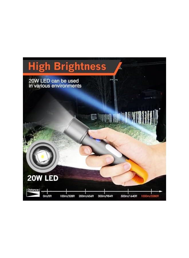 promass 20W Flashlight Rechargeable LED Handheld Flashlight 20000 Lumen with COB Side Light, Camping Light 7 Modes with Light Headshade, Battery Powered Portable Torch with Restractable Hook - Image 4