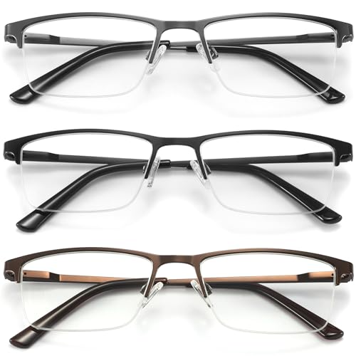 acavefox 3 Pack Blue Light Blocking Reading Glasses Men Readers Anti UV Metal Semi-frame Spring Hinge Lightweight Sturdy Trendy Eyeglasses 2.75+ - Image 1