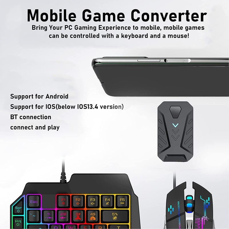 cheekyglo Mix Pro Keyboard and Mouse Adapter, One Handed Keyboard Mouse Combo Set Converter USB Wired Mobile Gaming Keyboard Mouse Adapter Converter for Android, iOS(BT 4.0) - Image 3