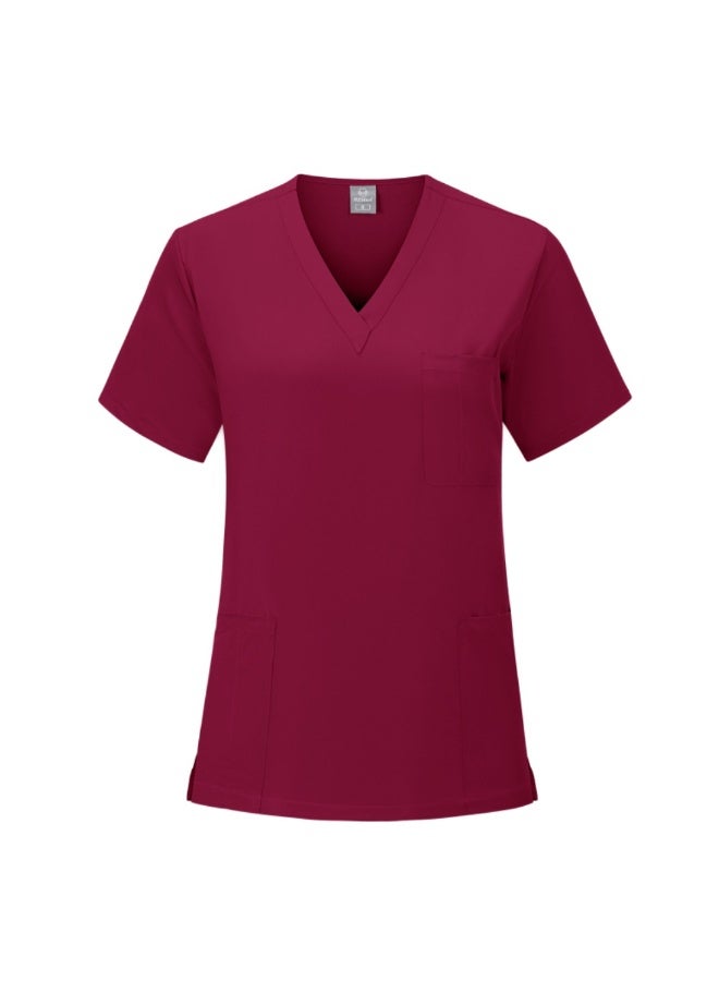 Loquat Womens Medical Scrubs Single Top Medical Uniform Single Printed Top Wine Red - Image 1