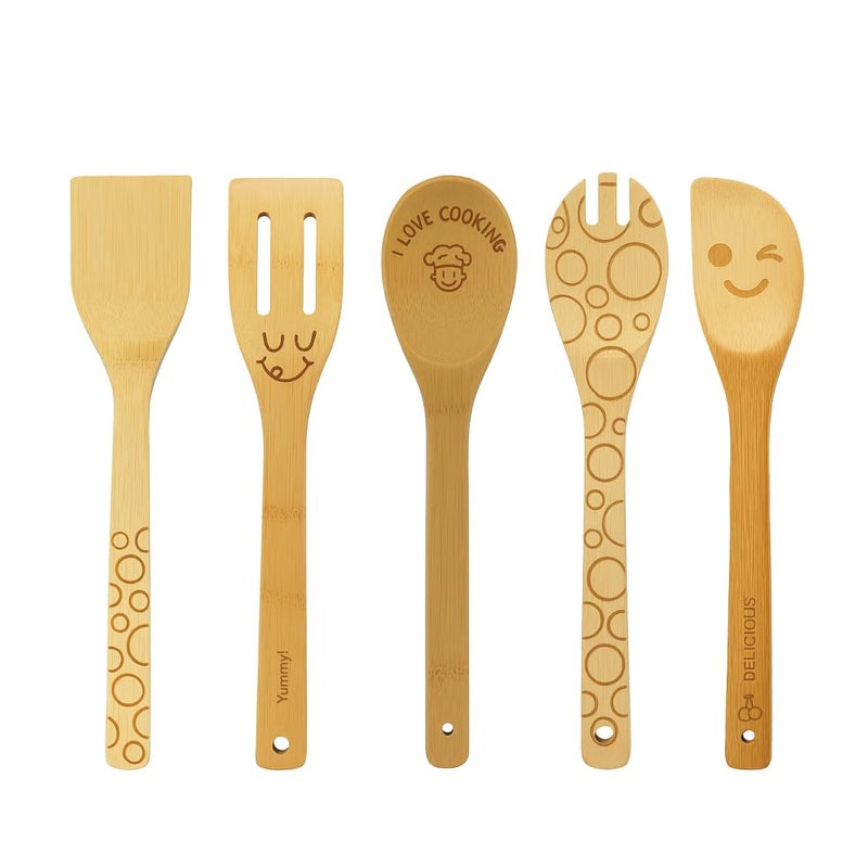 JB Home Collection Wooden Spoons for Cooking 5Piece Bamboo Kitchen Utensils Set with Spatula Slotted Spoon Soup Spoon Strainer Spatula Salad Fork Nonstick Safe Natural Bamboo Cooking Tools
