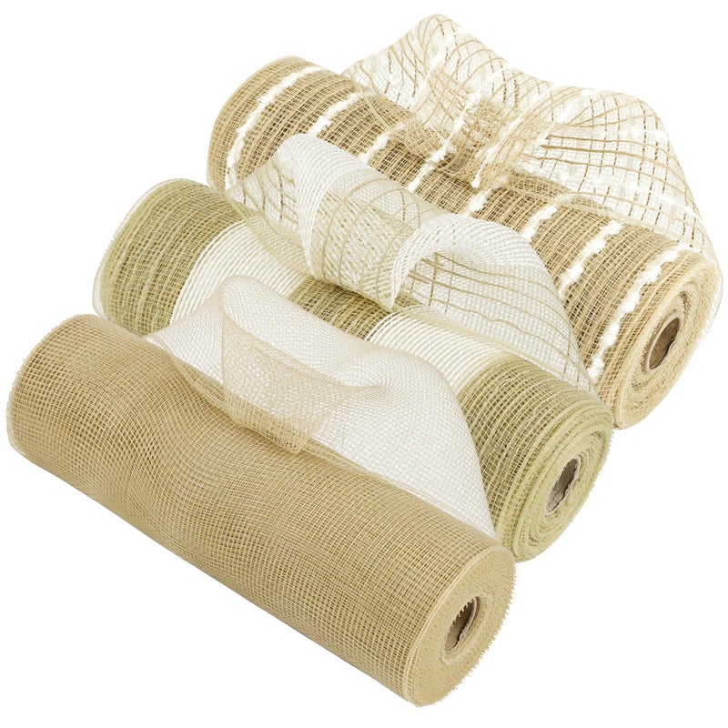 HUIHUANG 3 Rolls Rustic Burlap Deco Mesh Decorative Mesh Ribbon 10 inch Rolls Natural Farmhouse Wreath Mesh Decorative Mesh Ribbon for Wreath Supplies Swag Garland Gifts Bows 30 Feet Each Roll