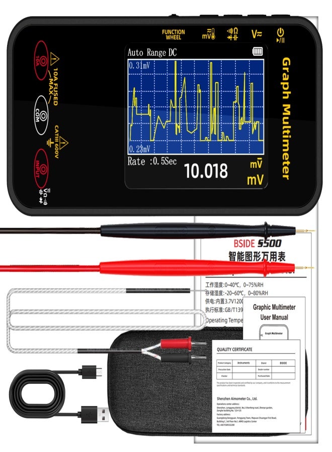 بي سايد جهاز قياس متعدد الرسوميات S500، جهاز قياس متعدد رقمي ذكي، 20000 فولت، مسجل شكل موجة، 1000 فولت/10 أمبير، جهاز قياس متعدد بشاشة دوارة 360 درجة - Image 3