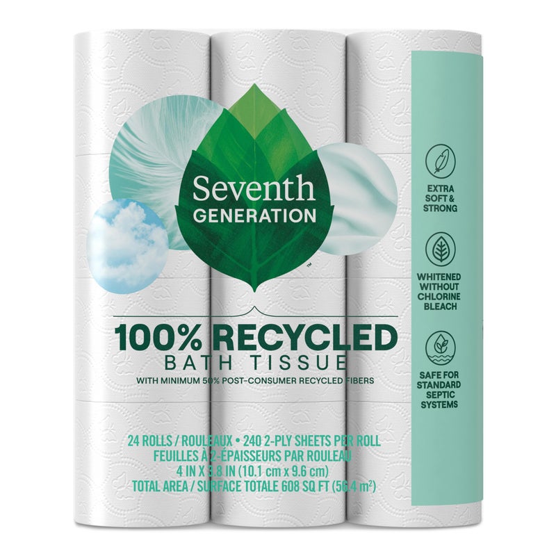 Seventh Generation Toilet Paper White Bathroom Tissue 2ply 100 Recycled Paper without Chlorine Bleach 24 count Pack of 2