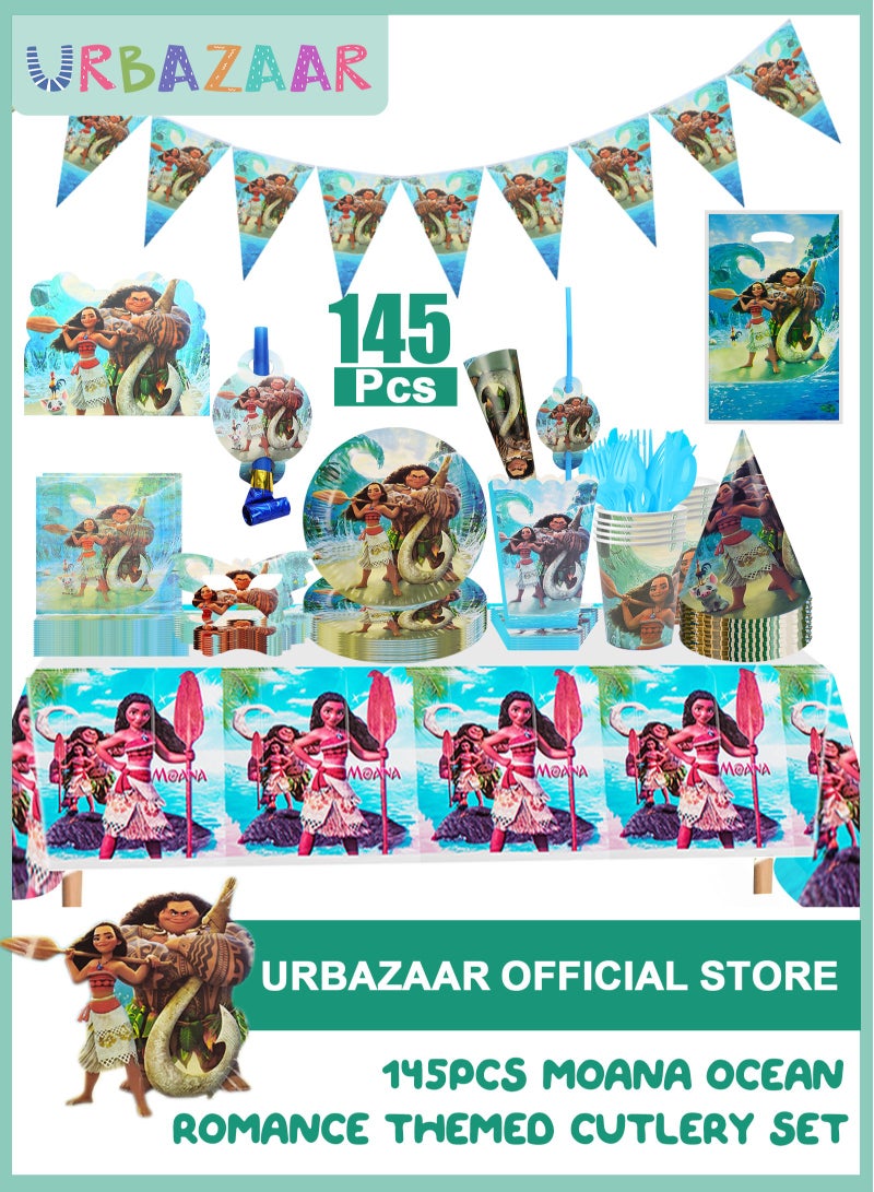URbazaar 145Pcs Moana Birthday Party Supplies - Moana Party Decorations include Banner Backdrop Ballons Cake Cupcake Toppers Haning Swirls, Moana Party Supplies - Image 1