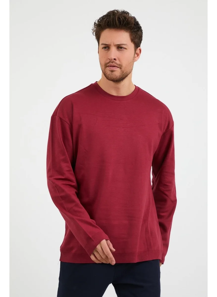 Odelon Odelon Men's Daily Crew Neck Comfortable Oversize Sports Sweatshirt Claret Red