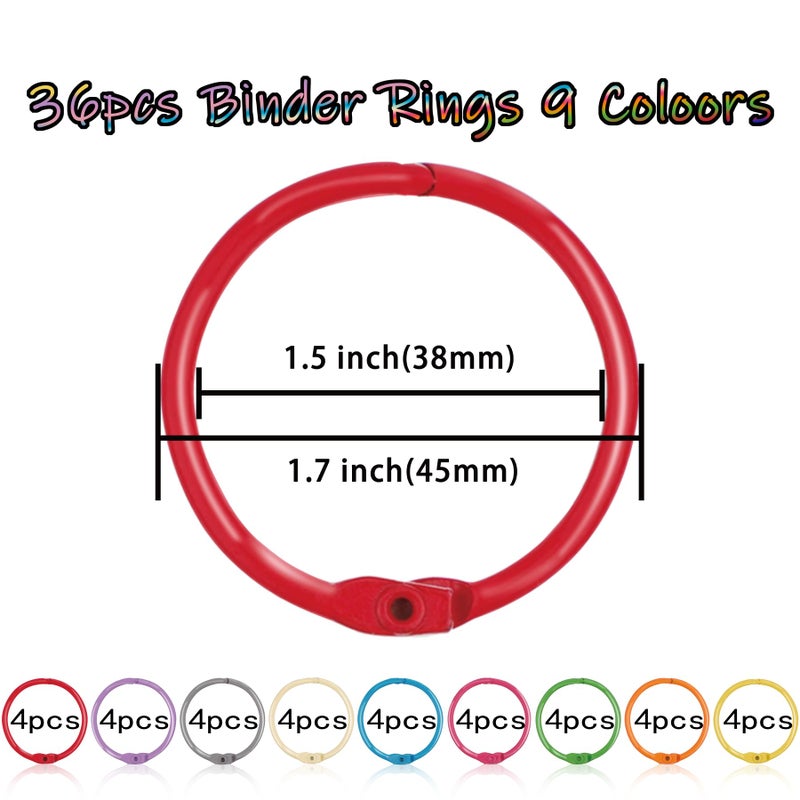 Antner 36PCS Metallic Loose Leaf Binder Rings 1 4/5" Colorful Book Rings, Metal Steel Loose Leaf Rings Keychain Key Rings Index Cards Rings Paper Rings for School Office, 9 Colors - Image 2