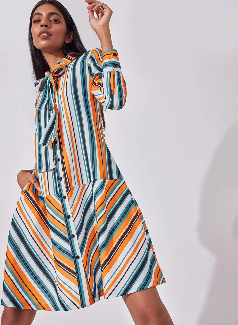 The Label Life The Label Life Women's Striped Bow Tie Shirt Dress - Multi-Colored Striped, Multicolour