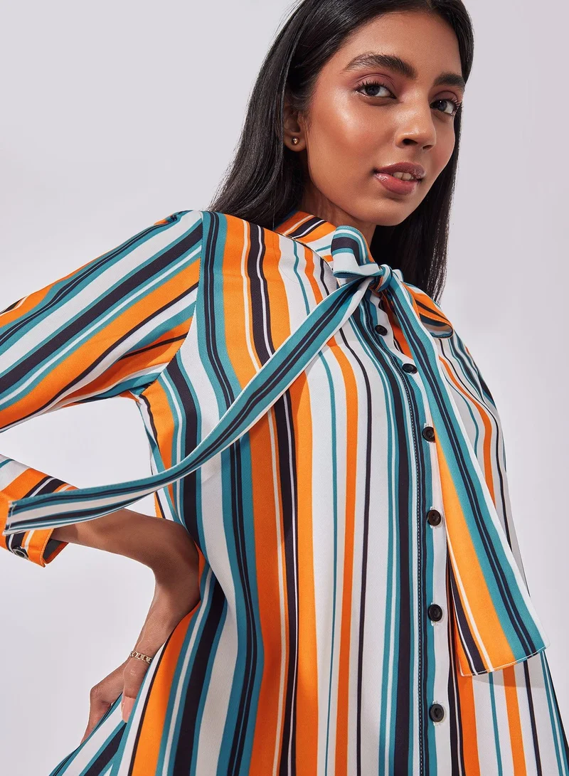 The Label Life The Label Life Women's Striped Bow Tie Shirt Dress - Multi-Colored Striped, Multicolour