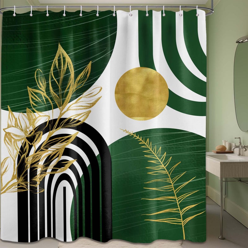 QGHOT Olive Green and Gold Shower Curtain Modern  Boho Mid Century Shower Curtains for Bathroom Decor MCM Minimalist Leaf Simple Bath Curtain Set  Waterproof Fabric  70"" W x 96"" L - Image 3