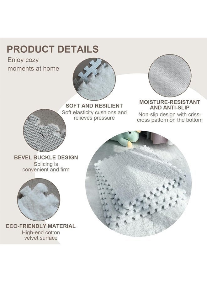 6 Pcs Plush Foam Floor Mat Square Interlocking Carpet Tiles with Border Fluffy Play Mat Floor Tiles Fluffy Area Rugs Square Soft Climbing Area Rugs DIY Floor Crawling Mat Tiles for Home Playroom Decor (White) - Image 3