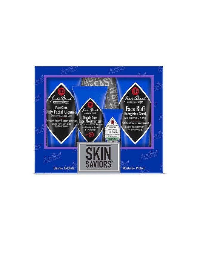 Jack Black Jack Black Skin Saviors Set - Pure Clean Daily Facial Cleanser, Double-Duty Face Moisturizer SPF 20, Intense Therapy Lip Balm SPF 25 Natural Mint & Shea Butter, & Face Buff Energizing Scrub - Image 1