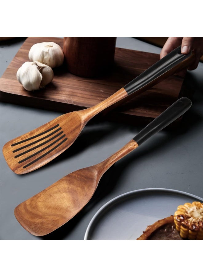 سيوسي Wooden Spatula Set, Wooden Cookwares, Non-Toxic Kitchen Utensils, Natural Bamboo Spoons for Flipping Pancakes, Stir-frying with Wok, Fish & Eggs, Slotted and Flat Design (2-Pieces) - Image 5
