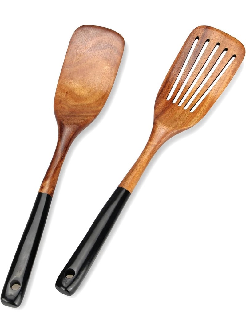 سيوسي Wooden Spatula Set, Wooden Cookwares, Non-Toxic Kitchen Utensils, Natural Bamboo Spoons for Flipping Pancakes, Stir-frying with Wok, Fish & Eggs, Slotted and Flat Design (2-Pieces) - Image 1