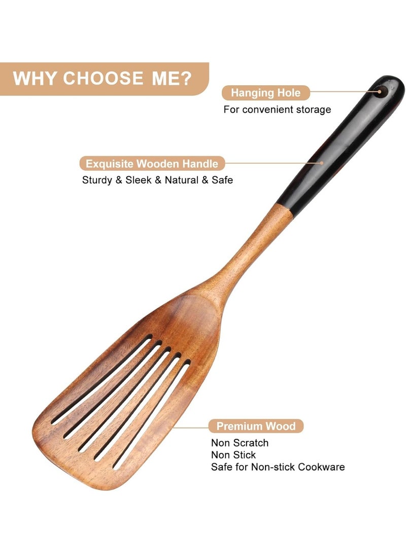 سيوسي Wooden Spatula Set, Wooden Cookwares, Non-Toxic Kitchen Utensils, Natural Bamboo Spoons for Flipping Pancakes, Stir-frying with Wok, Fish & Eggs, Slotted and Flat Design (2-Pieces) - Image 4