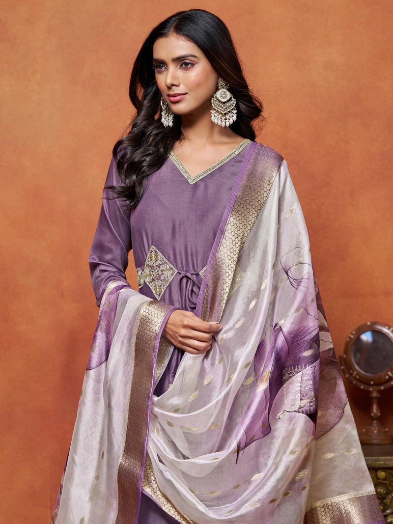 EthnicJunction Women's Cotton Silk Embroidered Anarkali Kurta Palazzo With Digital Print Dupatta Set - Image 2