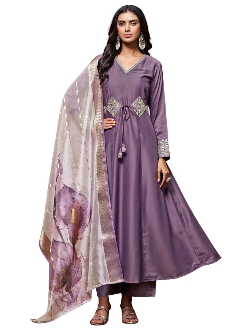 EthnicJunction Women's Cotton Silk Embroidered Anarkali Kurta Palazzo With Digital Print Dupatta Set - Image 1