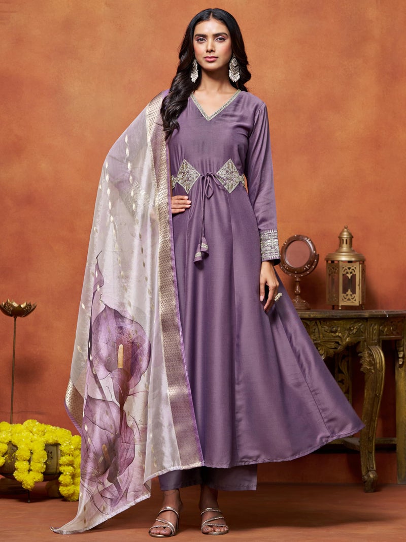 EthnicJunction Women's Cotton Silk Embroidered Anarkali Kurta Palazzo With Digital Print Dupatta Set - Image 4