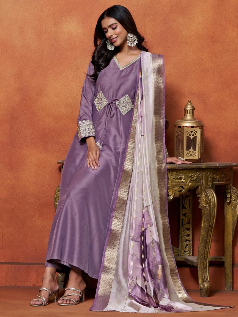 EthnicJunction Women's Cotton Silk Embroidered Anarkali Kurta Palazzo With Digital Print Dupatta Set - Image 3