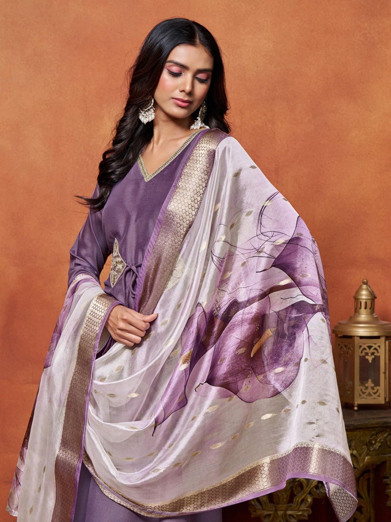 EthnicJunction Women's Cotton Silk Embroidered Anarkali Kurta Palazzo With Digital Print Dupatta Set - Image 5