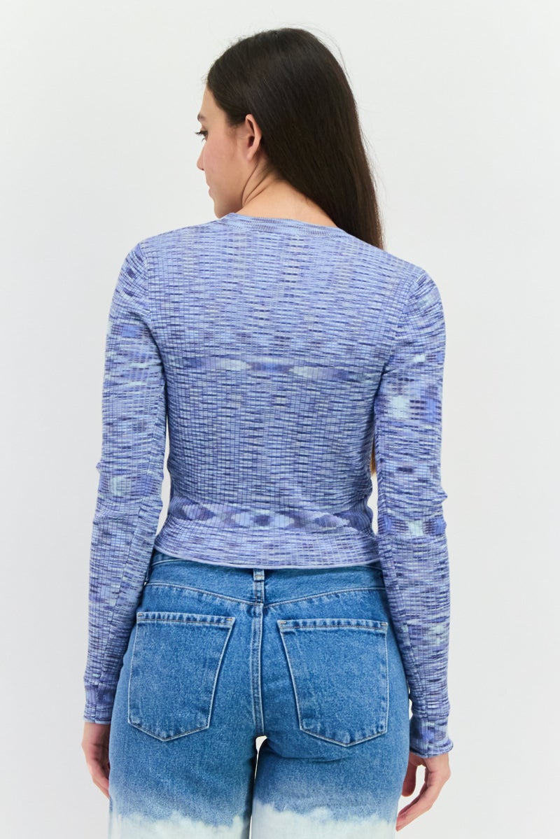 NIA Women V Neck Knitted Cardigans, Blue - Image 3