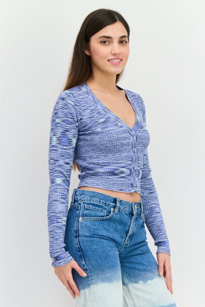 NIA Women V Neck Knitted Cardigans, Blue - Image 2