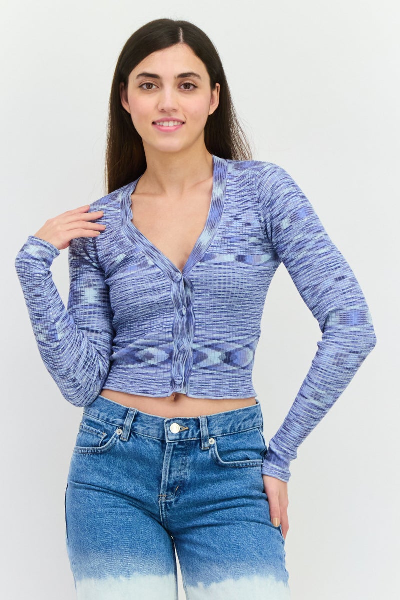 NIA Women V Neck Knitted Cardigans, Blue - Image 1