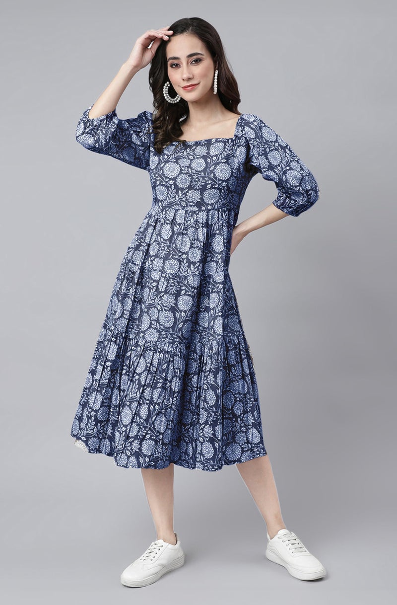 Janasya Women's Blue Pure Cotton Floral Printed Tiered Dress (JAC24DR01515-2XL) - Image 2