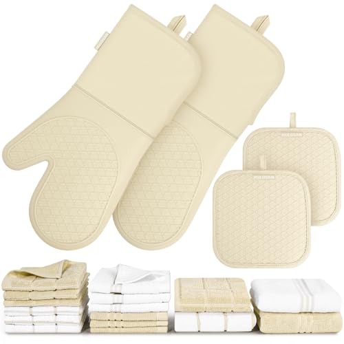 HULOSAN Silicone Oven Mitts Pot Holder Kitchen-Towels100% Cotton Dish Towels for Kitchen,Super Soft and Absorbent Kitchen Hand Towels/Tea Towels.Pot Holder,Oven Mitt Heat Resistant,Silicone Grip,Gift Set - Image 1