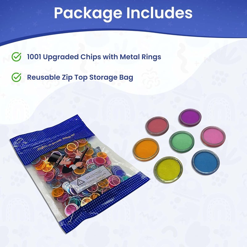 Mr Chips Magnetic Bingo Chips with Metal Ring 3/4 Inch 1001 Upgraded Pieces Assorted Transparent - Available in 7 Colors A Reusable Storage Bag - Image 2