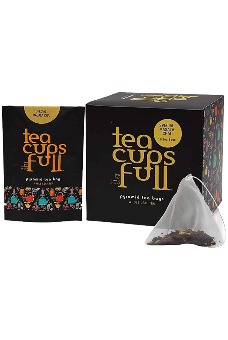Teacupsfull أكياس شاي أسود ماسالا تشاي الخاصة من تيكوبسفول - 16 كيس شاي | شاي هندي قوي كاداك معزز بالزنجبيل، الهيل، القرفة والنجمة اليانسون | أكياس شاي هرمية - Image 1