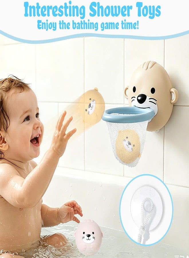 DUOROUBAO Otter Bath Toy for Toddlers 1-3, 12pcs No-Hole Bath Toys for Kids Interactive Basketball Hoop, Squeeze Animal Balls, Floating Boats, Fishing Net and Storage Bag Bathtub Pool Water Toys for Boys Girls - Image 3