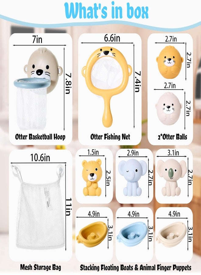 DUOROUBAO Otter Bath Toy for Toddlers 1-3, 12pcs No-Hole Bath Toys for Kids Interactive Basketball Hoop, Squeeze Animal Balls, Floating Boats, Fishing Net and Storage Bag Bathtub Pool Water Toys for Boys Girls - Image 2