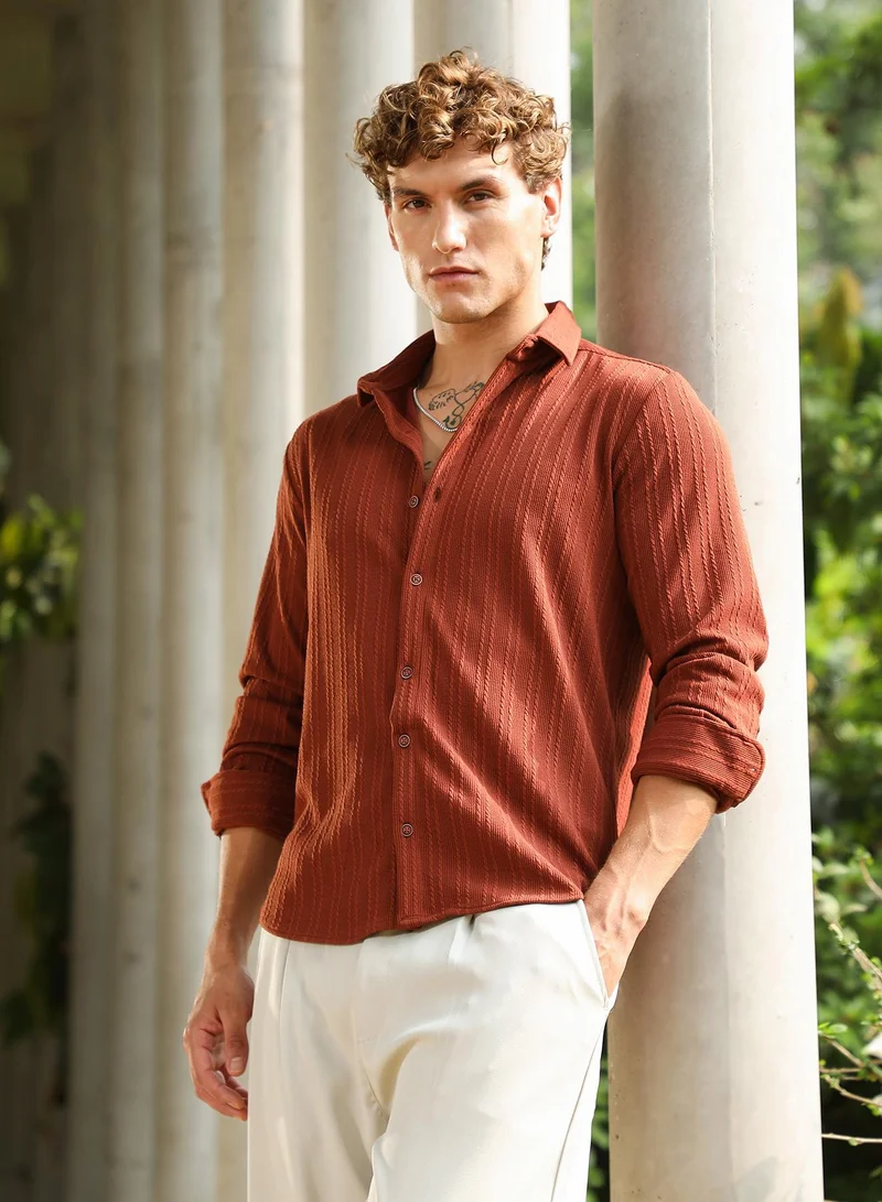 CAHOOT  Men's Russet Brown Ribbed-Rope Tactile Shirt for Men | Best Price UAE