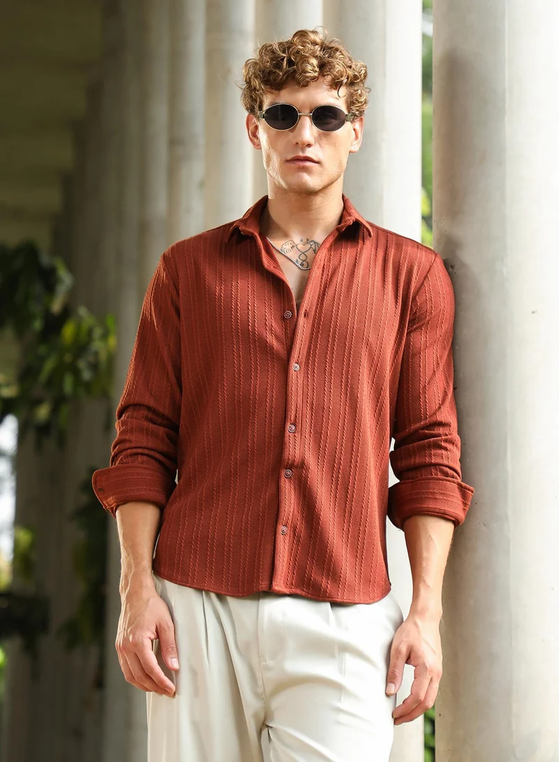 Campus Sutra Men's Russet Brown Ribbed-Rope Tactile Shirt For Casual Wear | Spread Collar | Long Cuffed Sleeves | Button Closure | Shirt Crafted With Comfort Fit For Everyday Wear
