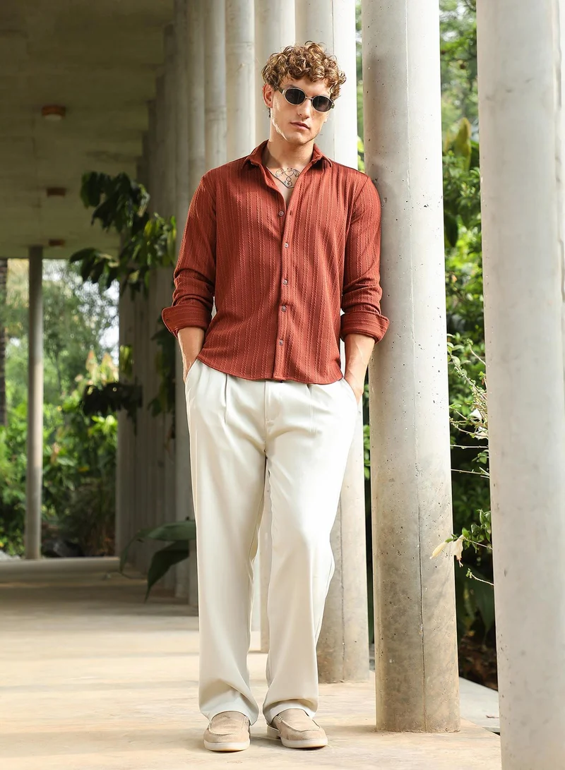 CAHOOT  Men's Russet Brown Ribbed-Rope Tactile Shirt for Men | Best Price UAE
