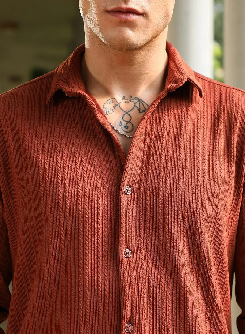 CAHOOT  Men's Russet Brown Ribbed-Rope Tactile Shirt for Men | Best Price UAE