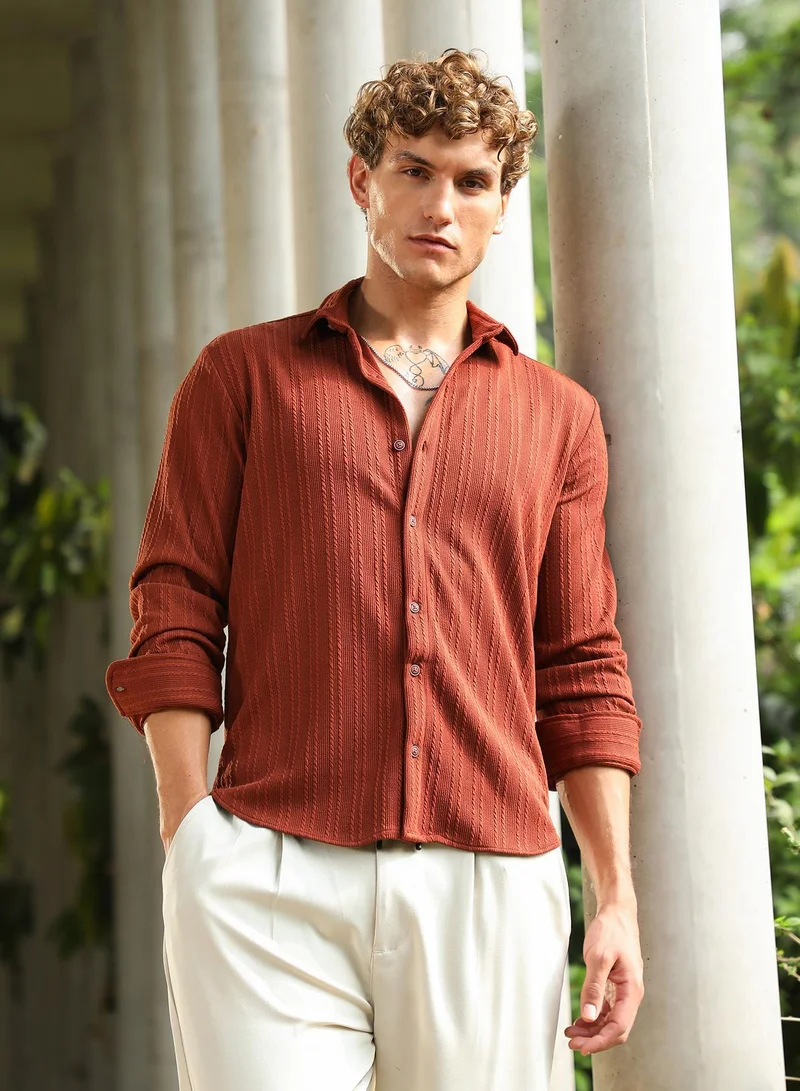 Campus Sutra Men's Russet Brown Ribbed-Rope Tactile Shirt For Casual Wear | Spread Collar | Long Cuffed Sleeves | Button Closure | Shirt Crafted With Comfort Fit For Everyday Wear