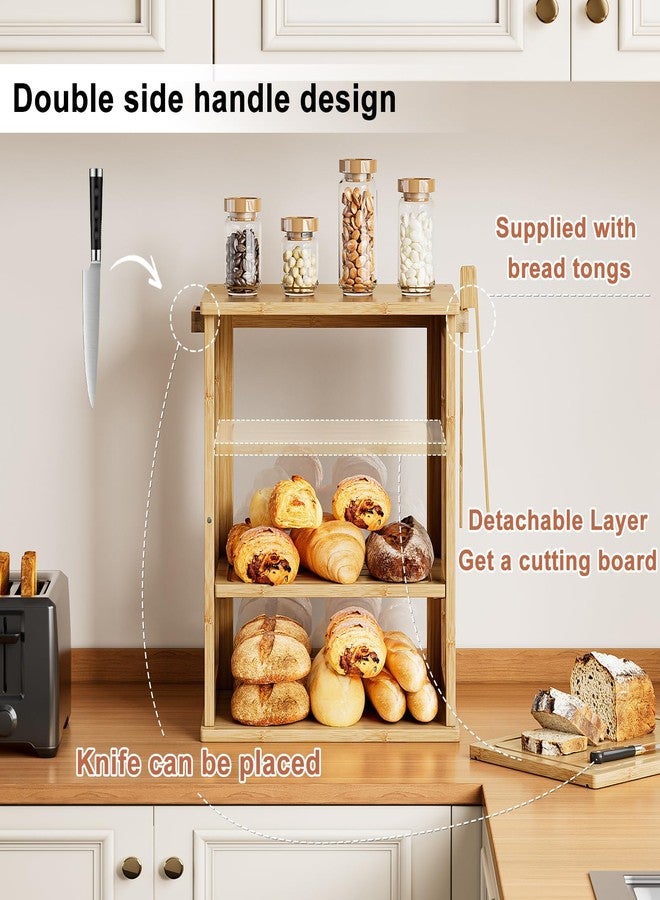 WOWLIVE Bamboo Bread Box for Kitchen Countertop, Large 3 Layers Bread Storage Container for Homemade Bread with Window, Farmhouse Breadbox Organizer for Kitchen, Cabinet, Pantry (Natural, Meduim) - Image 5
